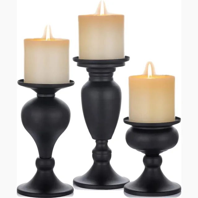 Sziqiqi Set van 3 kandelaars kandelaars zwart vintage kandelaar lantaarn lantaarn gemaakt van metaal kandelaars voor stompkaarsen, kandelaar decoratie voor huwelijksfeest, klein + medium + groot
