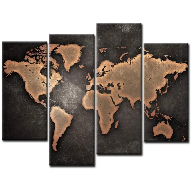 Ibenzoa Moderne Wereldkaart Canvas Kunst voor Stijlvolle Woonkamer Decoratie - 4-Delige Set zwart