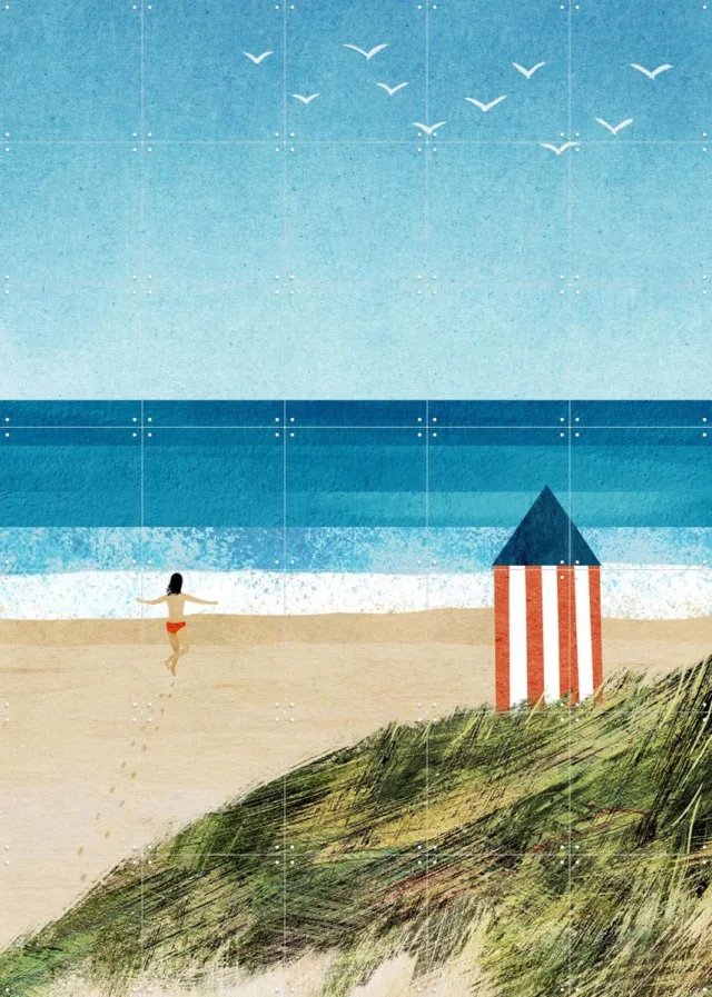 IXXI Beach Hut, Henry Rivers - 100 x 140 cm - Grote wanddecoratie en posters - Illustraties, Kleurrijk, Grafisch Ontwerp, Zeelandschappen & Kust