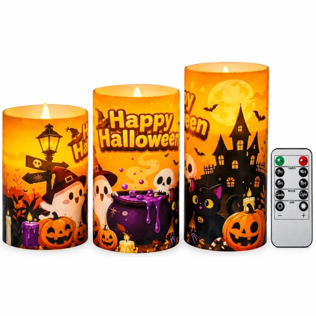 SWGOTA led kaarsen voor Halloween, set van 3, oplaadbaar met afstandsbediening, warm licht en spookmotieven Bruin