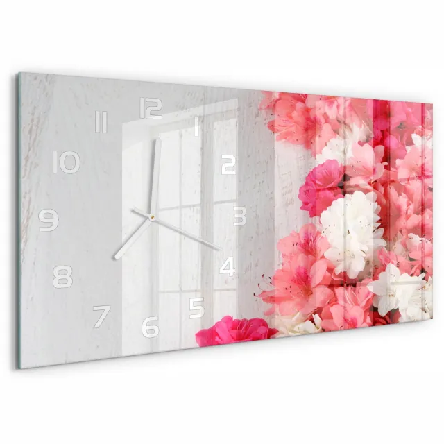 TULUP Wandklok - Bloemen Klok Glas Met Opdruk - 60x30 cm - Roze Moderne Wandklok Glas - Witte handen - Rechthoekige Klok - Decoratieve Glazen Klok - Glazen Wandklok Design