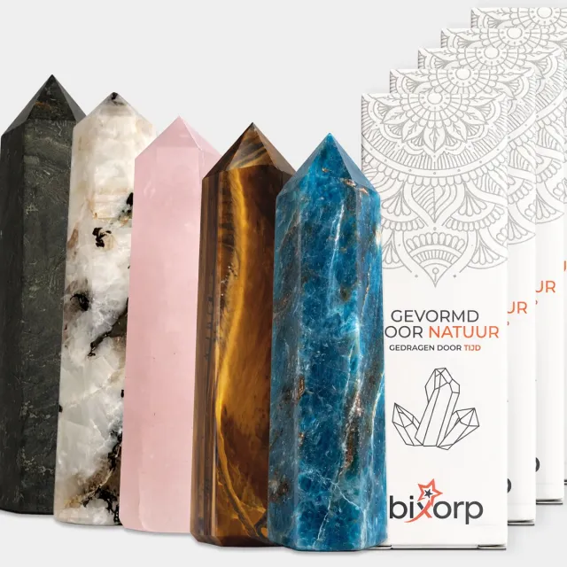 Bixorp Gems Edelsteen Punt set met Tijgeroog + Maansteen + Rozenkwarts + Apatiet + Gabbro - Edelstenen Obelisk - Decoratieve Toren van 100% Natuurlijke Edelsteen - 6 tot 8cm *Bundel Tijgeroog + Maansteen + Rozenkwarts + Apatiet + Gabbro