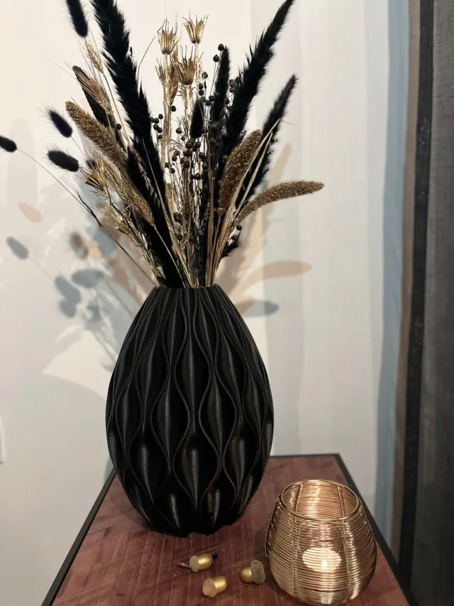 Siematech 3D geprinte vaas - Zwart 30 cm - Golvend patroon