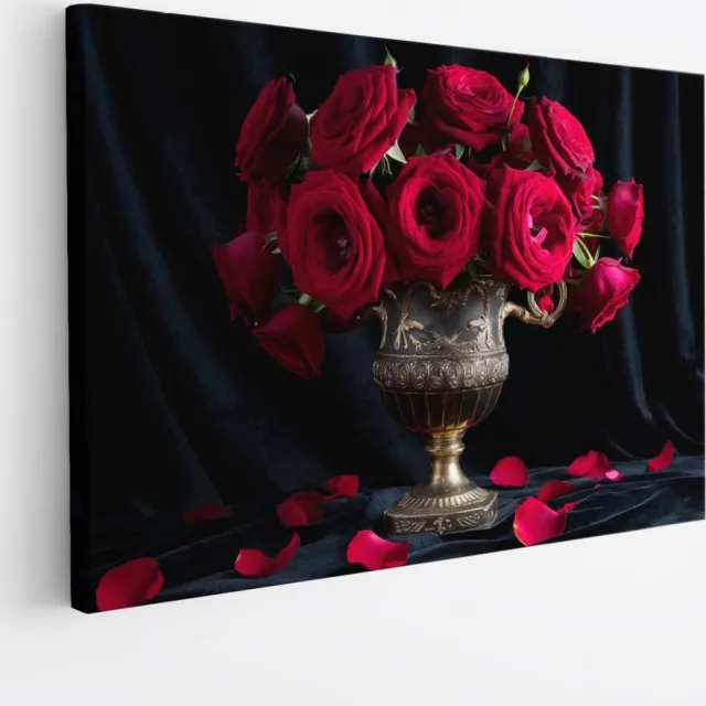 Saammp Canvas Schilderij - Rode Rozen in vaas - Natuur - Bloemen - 90x60 - Foto op canvas - Wanddecoratie - Muurdecoratie Woonkamer - Kantoor Decoratie Multicolor