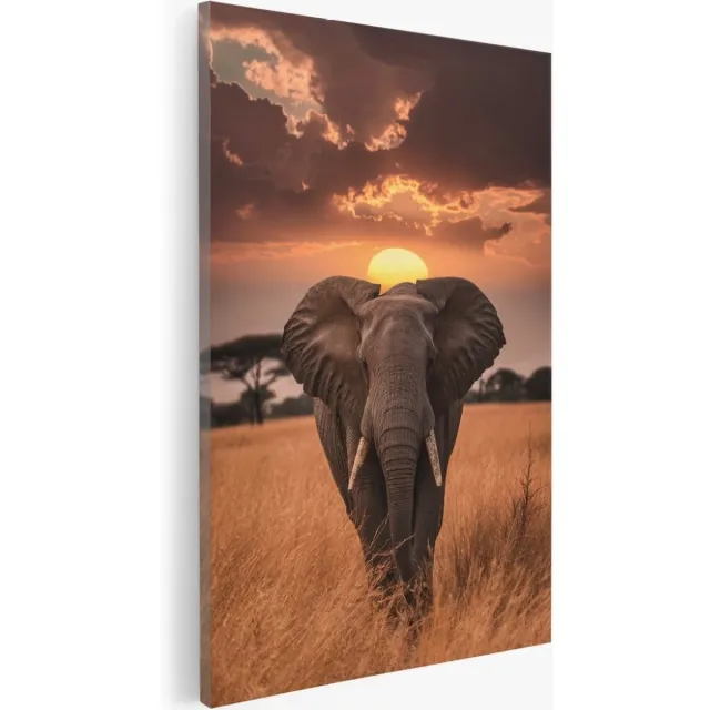 Saammp Canvas Schilderij - Olifant met zonsondergang - Natuur - Dieren - 20x30 - Foto op canvas - Wanddecoratie - Muurdecoratie Woonkamer - Slaapkamer decoratie - Canvas Print Multicolor