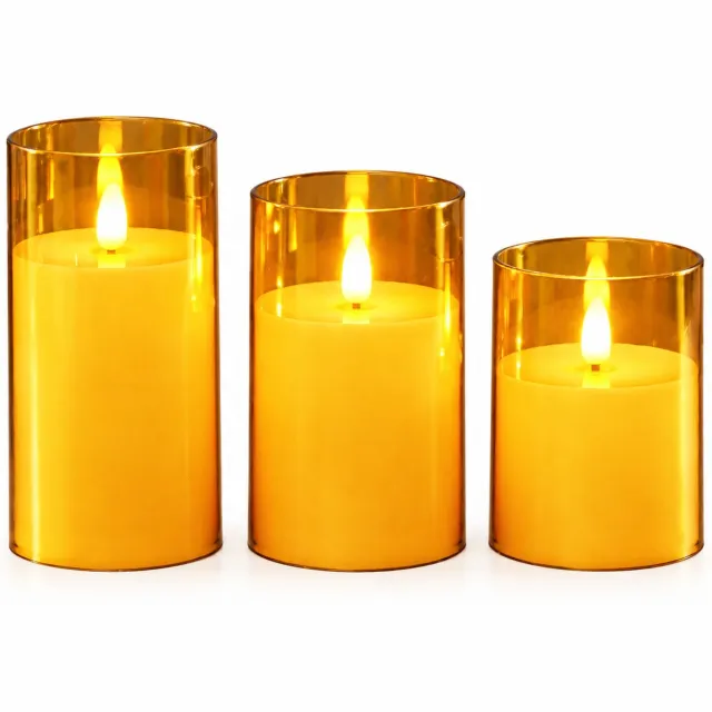 SWGOTA led kaarsen set van 3 - Bruine cilindervormige behuizing, warm licht, puntvormige vlam - Diameter 7.8 cm, hoogtes 10/12.5/15 cm - Op batterijen, niet inbegrepen