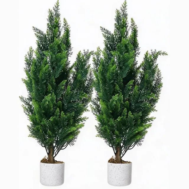 Danky TrailBlaze kunst cypres topiary set van 2 stuks 90cm PE weerbestendig - levensechte groenbomen met cementpot direct plaatsbaar voor entree en terras groente