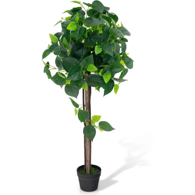 KOMFOTTEU 114 cm Kunstmatige potboom, kunstzijde, binnenplant met donkergroene hortensiabladeren, stam, PE-rotan, mos, kunstboom voor kantoor, thuis Zwart