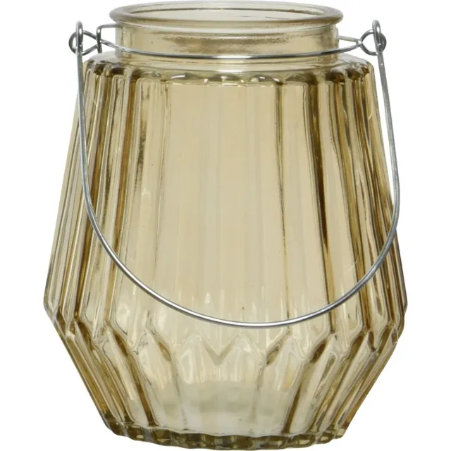 Decoris Waxinelichthouder - streepjes glas - taupe - metalen handvat - 11 x 13 cm