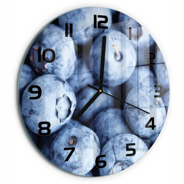 TULUP Wandklok - Bosbessen Wandklok Glas Decoratie - fi30 cm - Blauw Gekleurde Glazen Klok - Zwarte handen - Ronde Klok - Klok Glas Met Opdruk - Moderne Wandklok Glas