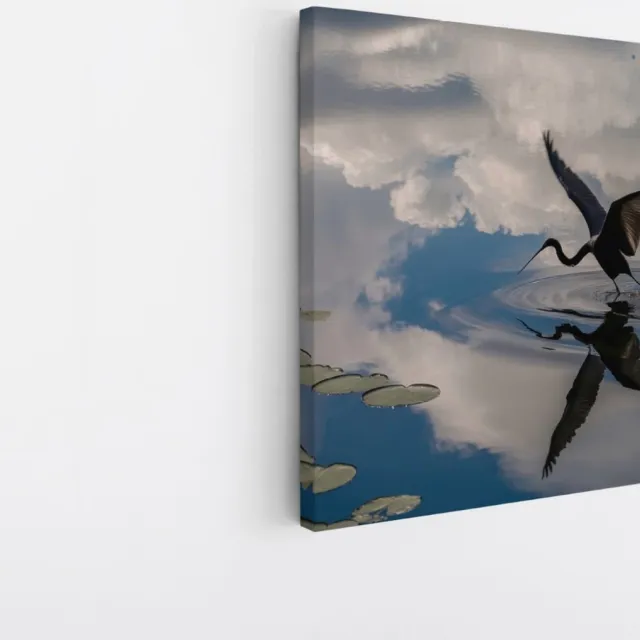 Saammp Canvas Schilderij - Reiger - Dieren - Bloemen - 100x100 - Foto op canvas - Wanddecoratie - muurdecoratie Woonkamer - Slaapkamer decoratie - Canvas Print Multicolor
