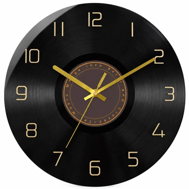 SWGOTA Stille wandklok 12 inch van gehard glas - Met cijfers en wijzers - Retro vinylplaatontwerp - Zwart en goud