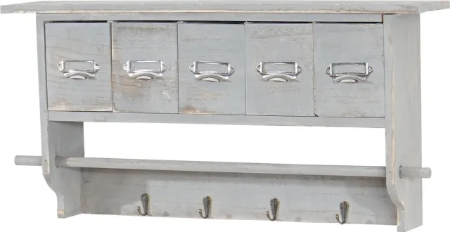 Kapstok MCW-C49, wandkapstok wandplank, vintage met 5 laden 32x65x13cm ~ shabby look, grijs