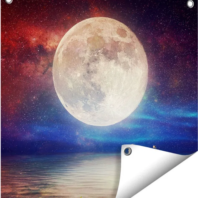 Gards Tuinposter Volle Maan in de Hemel boven het Water - 50x50 cm - Tuindoek - Tuindecoratie - Wanddecoratie buiten - Tuinschilderij Multikleur