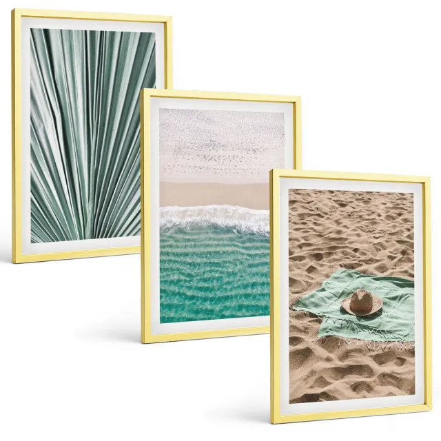 TULUP 4-Delige Schilderij Set - Uitzicht op het strand aan zee tijdens een zomervakantie - 40 x 60 cm - Wanddecoratie - Moderne Interieurdecoratie - Muurdecoratie Gouden lijst