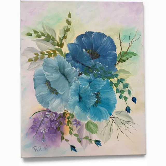Galerie de voorst Olieverfschilderij Blauwe Klaproos – Handgeschilderd door Riek van de Bor – 50 x 60 cm blauw, groen, wit