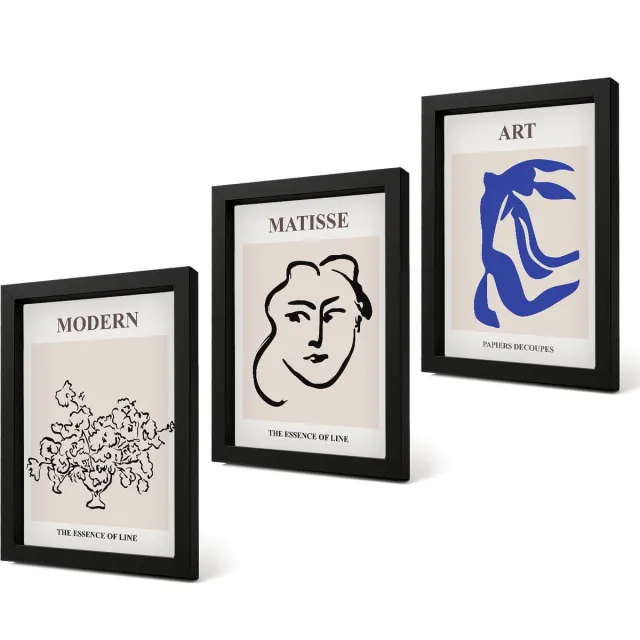 Coloray 4-Delige Schilderij Set - Abstracte posters in de minimalistische stijl van Henri Matisse. - 20 x 30 cm - Wanddecoratie - Muurdecoratie - Woonkamer Zwarte lijst
