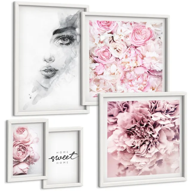 Coloray 5-Delige Schilderij Set - Bloemaccenten Met Een Portret En De Tekst "Over Home" - 50 x 50 cm, 20 x 30 cm En 40 x 60 cm - Wanddecoratie - Muurdecoratie - Moderne Interieurdecoratie - Decoratieve Schilderijen Witte lijst