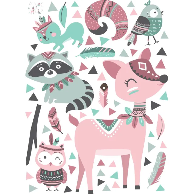 Ambiance Sticker Muurstickers - Dieren en Indiase veren - Zelfklevende stickers - 65x50cm Multi color