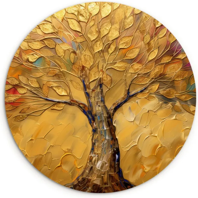 WallCircle Wandcirkel 60x60 cm - Muurcirkel Goud - Boom - Abstract - Modern - Kunst - Natuur - Verf - Bos - Herfst - Muurdecoratie cirkel woonkamer - Wanddecoratie slaapkamer - Kamer decoratie accessoires - Ronde schilderijen binnen