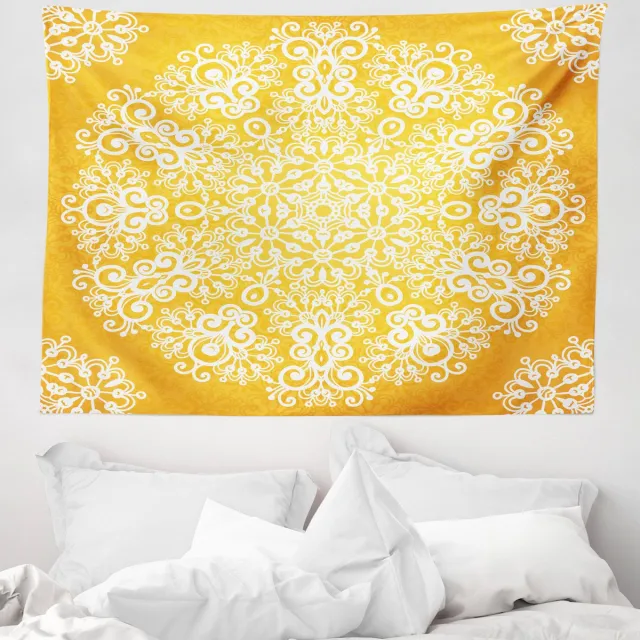 ABAKUHAUS Geel Wandtapijt en Sprei, Bloemen en Sneeuwvlokken, 150 x 110 cm, Geel en Wit