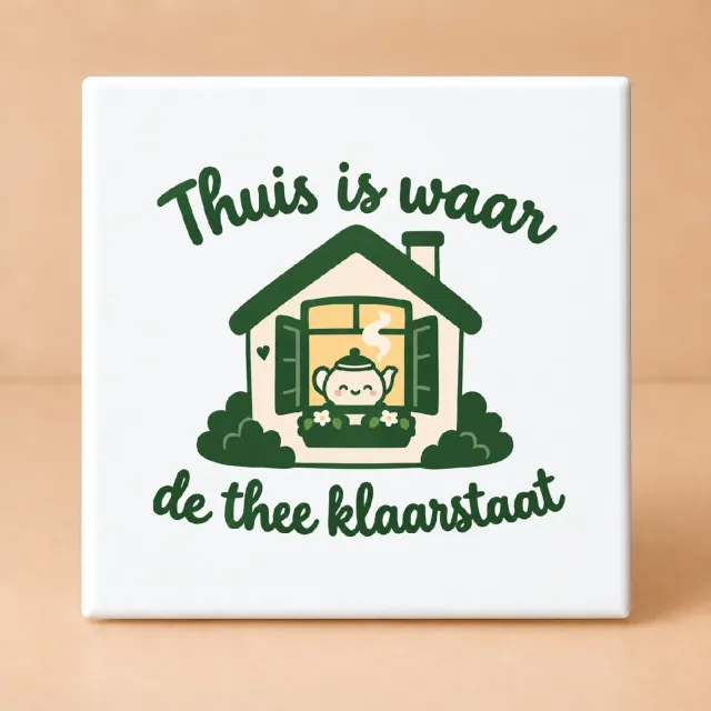 Bedruk King Schattige Kawaii Tegel "De thee-tante in winterstand" – Liefdevolle Theequote Tegel voor Knusse Thuisbelaanders - 15 x 15 cm Wit