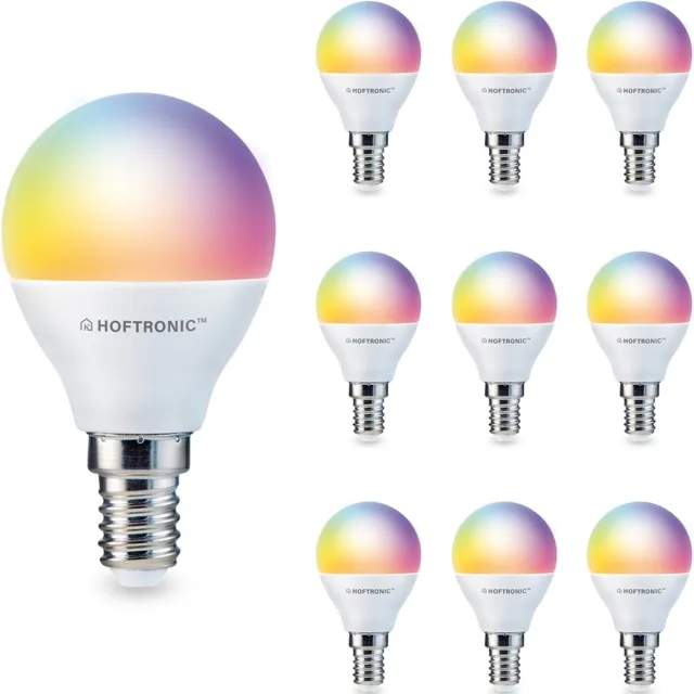 HOFTRONIC SMART Set van 10 E14 Smart lampen - P45 vorm - 5,5 Watt 470 lumen - RGBWW - Wifi & Bluetooth - Bestuurbaar via app - Google Home, Amazon Alexa en Siri