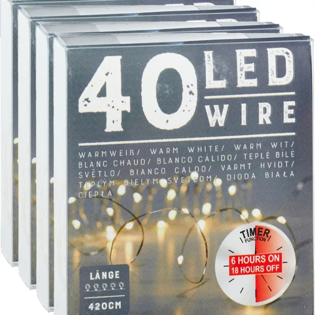 Cepewa Draadverlichting lichtsnoer - 4x - 240 cm - 40 leds - warm wit - batterij - timer - kerstverlichting