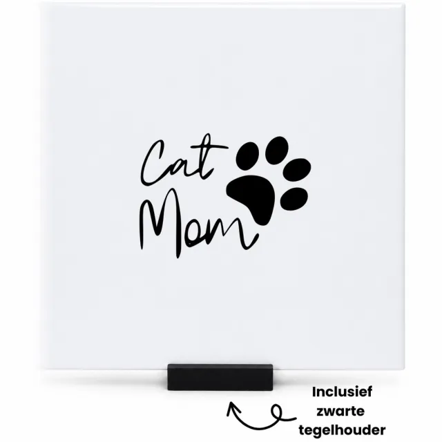 Hacebo Cat Mom tegeltje met tegelhouder - Mama - cadeau mama - tegeltjes met tekst - Leuk cadeau voor je mama om te geven - verjaardag mama - spreuktegels - 15x15 CM Wit