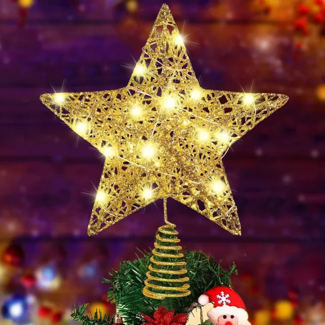 JIMUYU LED Kerstboomtopper Ster van 25 cm - Gouden Kerstboompiek met 20 LED-Lampjes, Timer en Voeding via Batterij of USB - Verlichte Kerstdecoratie