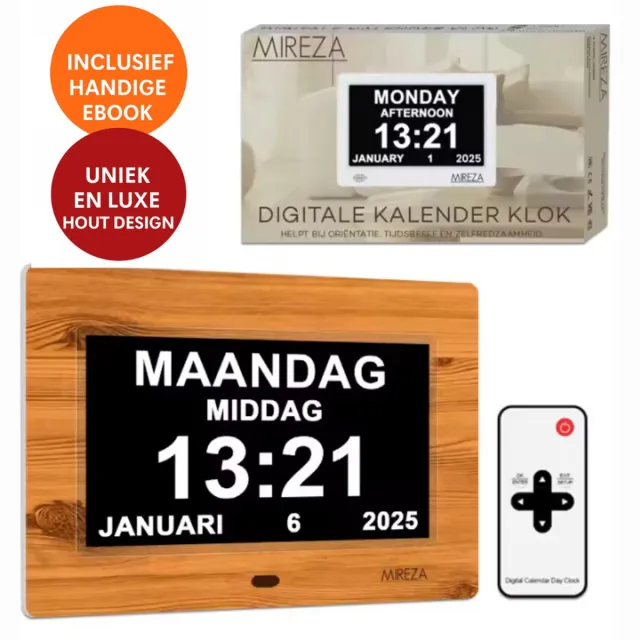 NewNurse Digitale Dementieklok Hout - Digitale Fotolijst- Kalenderklok voor ouderen - 7 inch - 18cm - Alzheimerklok - Seniorenklok - Slechtziendenklok - Alarmfuncties Houten look