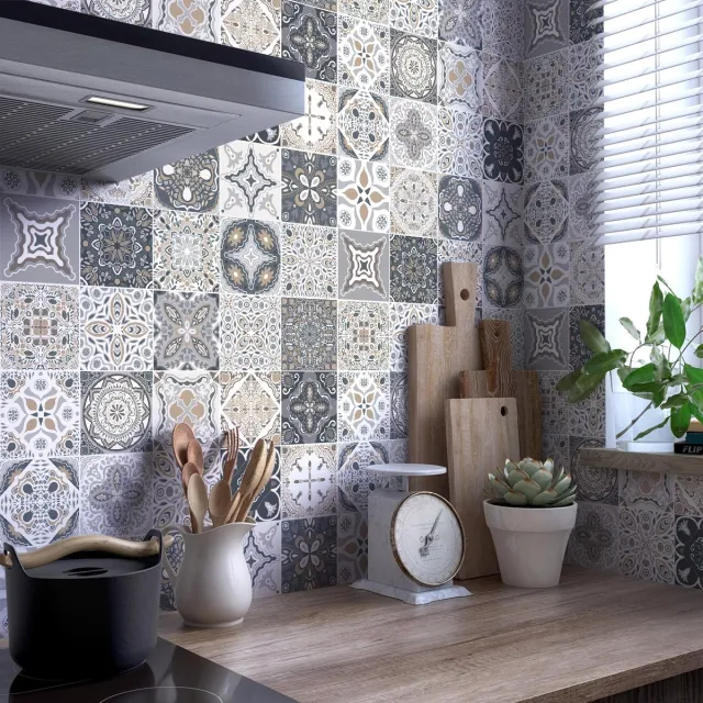 Ambiance Sticker Tegelstickers voor de muur in keuken en badkamer - 9 cementtegelstickers, Azulejos Orfeo-stijl - 9 stickers, 20x20 cm Multi color
