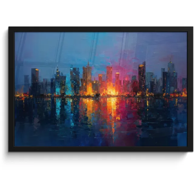 FrameYourWall Poster in lijst - Fotolijst 60x40 cm - Posters - Skyline - Penseelstreken - Donkerblauw - Lichtgevend - Posterlijst zwart - Decoratie - Wanddecoratie woonkamer - Muurdecoratie slaapkamer