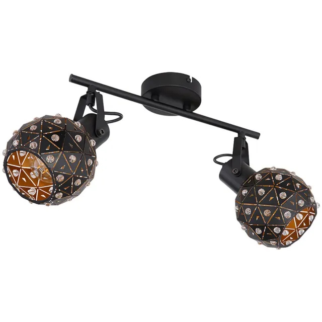 Globo Plafondlamp 2-lichts metalen kristallen eetkamer design plafondlamp met beweegbare spots, metaal zwartgoud, 2x E27, LxBxH 35x12x26 cm