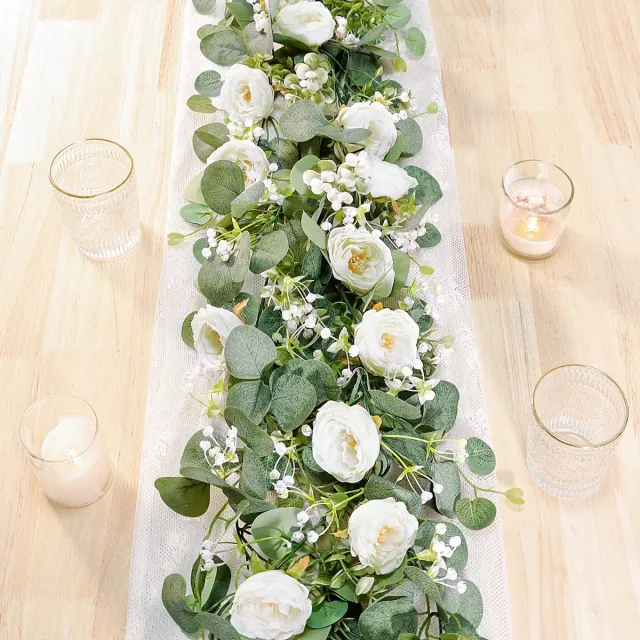 Ibenzoa Romantische Witte Kunstrozen Slingers voor Bruiloften en Feestdecoratie - Set van 2 Stuks