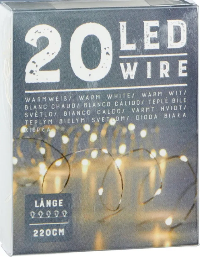 Cepewa draadverlichting lichtsnoer 220 cm - 20 leds warm wit - batterij - zilveren draad