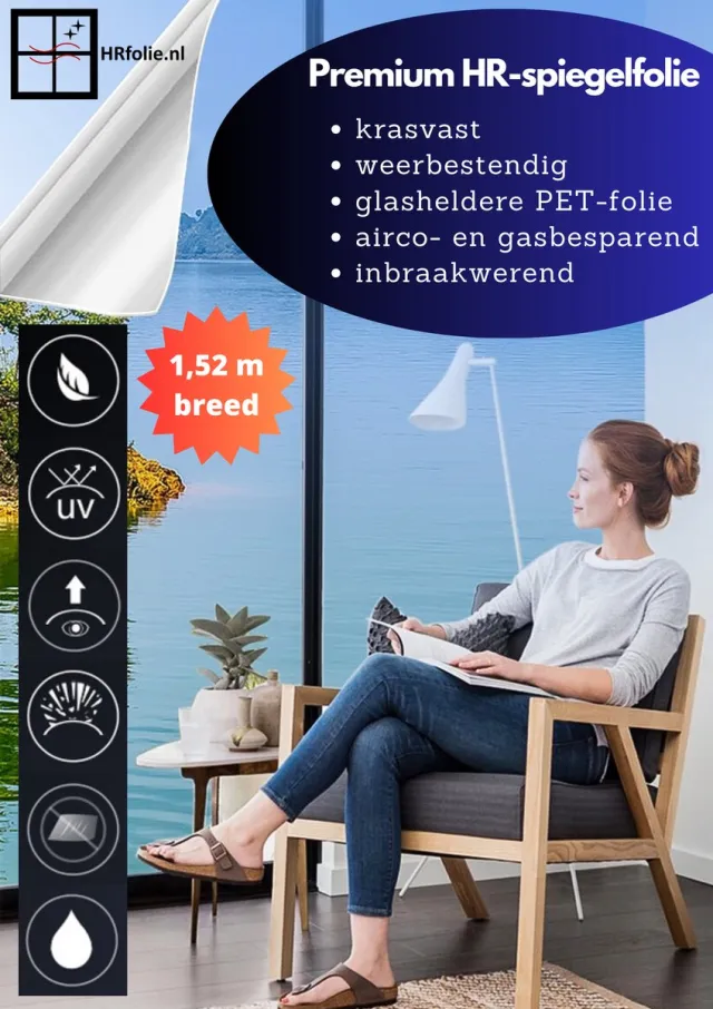 Hr-folie Extra brede Duurzame Zelfklevende Zonwerende en Inbraak werende Premium HR-raamfolie met Spiegeleffect 152 x 500 cm - Zilver - voor Binnen en buiten ook geschikt voor HR++(+) dubbelglas!