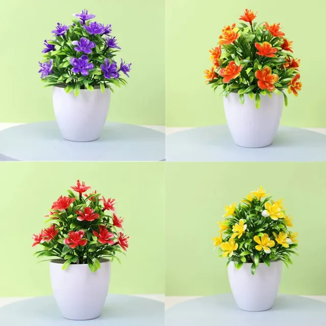 Oemmn 4 stuks kunstbloemen voor op tafel, levensechte mini-kunstplanten, kleine potplantjes voor decoratie binnen en buiten – voor thuis, kantoor en café, 15cm (Paars + Oranje + Rood + Geel)