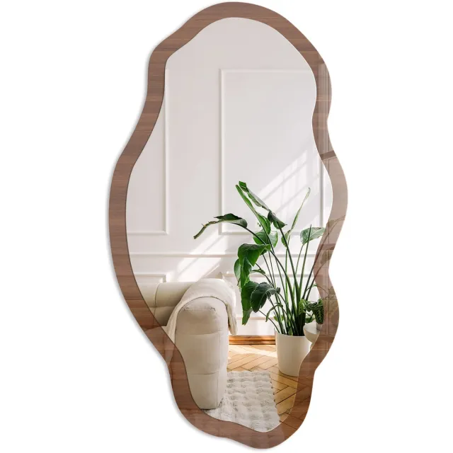 Coloray Bruin Hout Spiegel - Bruin Rechthoekige Spiegel Met Modern Design - Organische Spiegel - Woonkamer - Minimalistisch - 45x90 cm - Totale afmeting 52x97 cm Bruine Houtstructuur, Bruin