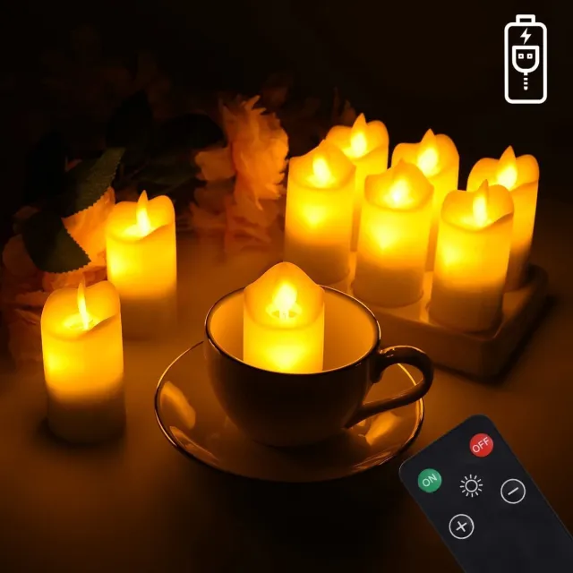 Q-Time Vlamloze led kaarsen | oplaadbaar | waskaars | Dimbaar | met afstandsbediening | ideaal voor de Horeca en in de tuin en op feestjes, bruiloften, verjaardagen, feestdagen | 6 stuks inclusief laadstation met voeding. Warm wit Rustiek