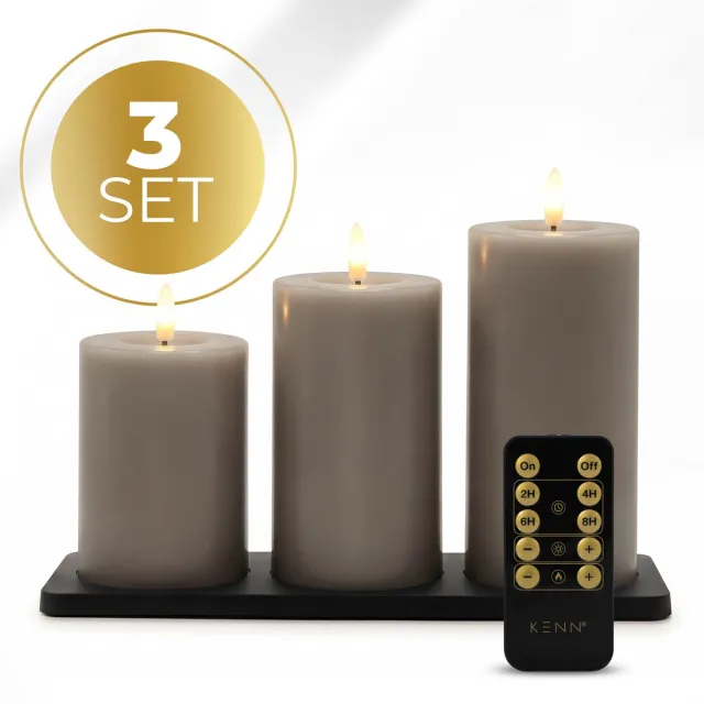 KENN GlowPro™ Oplaadbare LED Kaarsen – Set van 3 – Taupe – Tot 400 Branduren – Met Afstandsbediening & Timer – Magnetisch Oplaadstation – Bewegend Vlameffect – LED Kaarsen Oplaadbaar – LED Stompkaarsen – LED Kaarsen met Flikkerende Vlam – Horeca