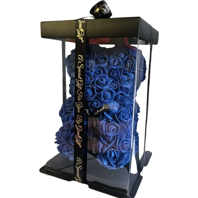 GreatGift Donkerblauwe Rozen Beer 25 cm + 75 rozenblaadjes - in Luxe verpakking -Rose Bear - Kunstbloemen - Beer - Blauw - Romantisch Cadeau - Valentijn - Cadeau voor haar