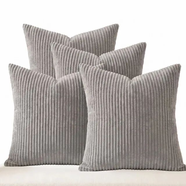 ixen Kussenhoezen Set van 4 – Corduroy Ribstof – 45 x 45 cm – Zachte Sierkussenhoes met Onzichtbare Rits – Grijs