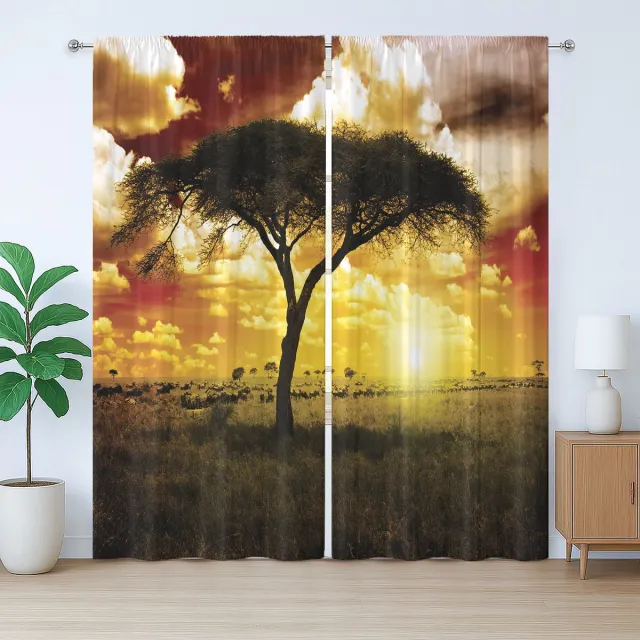 ABAKUHAUS Afrikaans rustiek gordijn, zonsondergang met safaridieren, met lussen en haken voor de woonkamer, 280 x 245 cm, groen wit rood