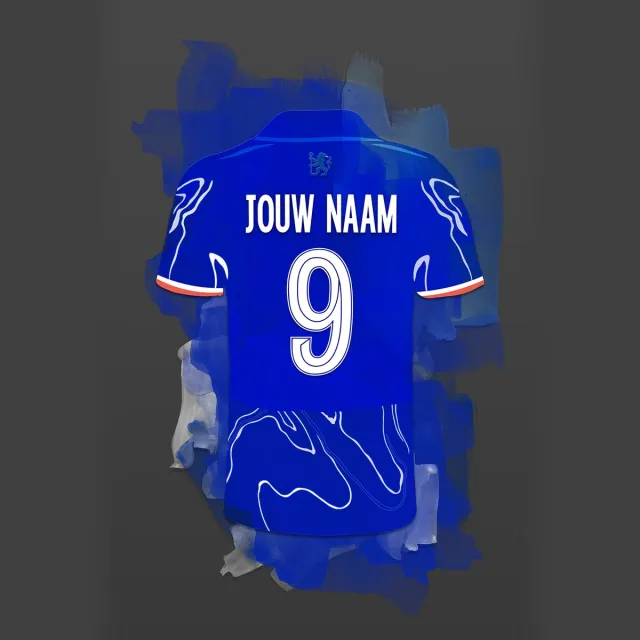 Chelsea ingelijste poster met personalisatie - Met eigen naam en rugnummer - A2 formaat - 42x59.4 cm - Semi/ glossy papier - Voetbal shirt poster - Geïnspireerd op de kleuren van Chelsea en een beetje fantasie Donkergrijze achtergrondkleur
